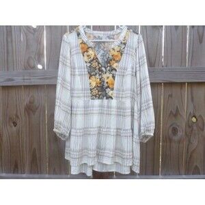 Cato Women Tunic Top V-Neck 18/20W Plaid Floral Boho Peasant Flowy Rayon